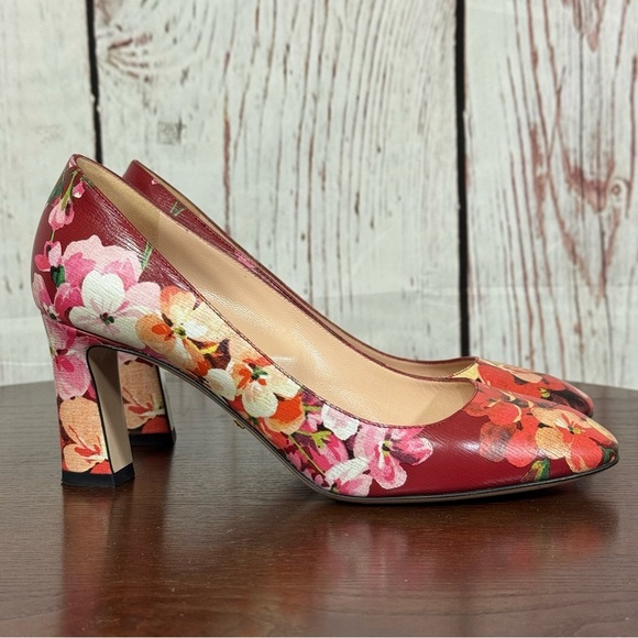 GUCCI BLOOM women’s Napa leather Red Floral 3” Heels Round Toe in size 37.5 - Picture 1 of 17